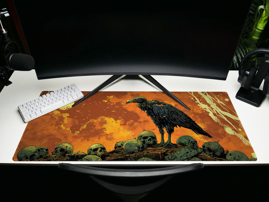 Amber Monarch Design 5, Desk Pad, Stoic Vulture Vigil, Lava-like Landscape, Mythical Beasts Desk Mat