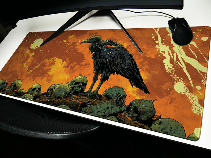 Amber Monarch Design 5, Desk Pad, Stoic Vulture Vigil, Lava-like Landscape, Mythical Beasts Desk Mat