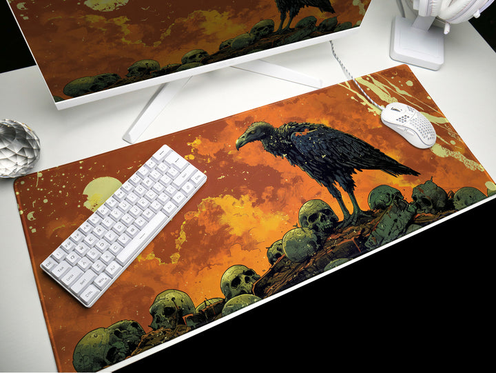 Amber Monarch Design 5, Desk Pad, Stoic Vulture Vigil, Lava-like Landscape, Mythical Beasts Desk Mat