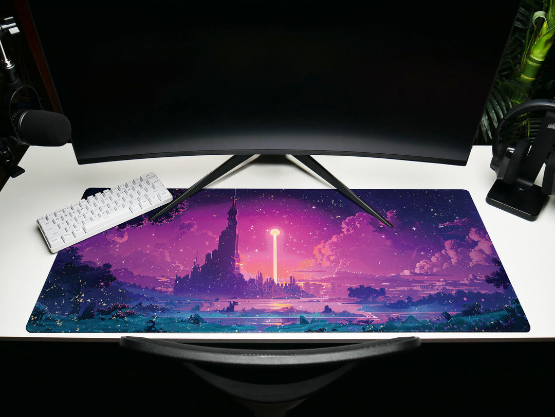 Enchanted Realm Design 3, Desk Pad, Mouse Pad, Desk Mat, Futuristic Fantasy, Neon Dusk, Dreamworld Silhouette