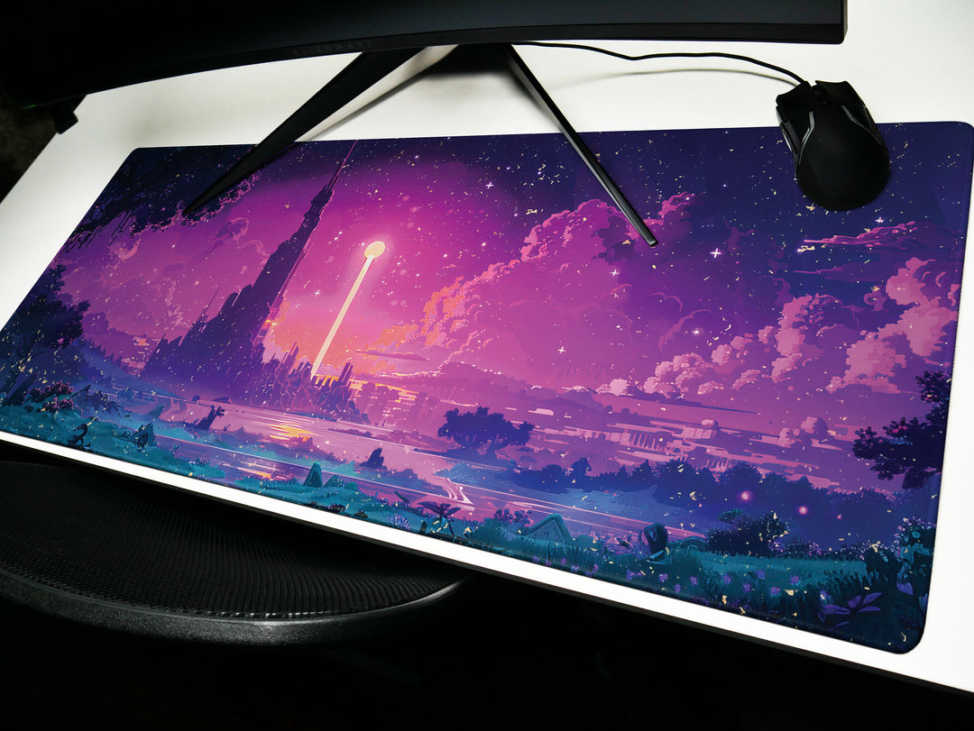 Enchanted Realm Design 3, Desk Pad, Mouse Pad, Desk Mat, Futuristic Fantasy, Neon Dusk, Dreamworld Silhouette