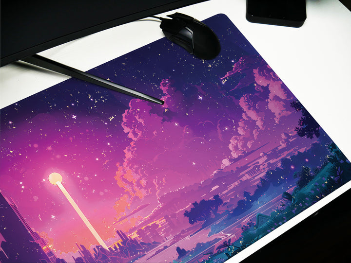 Enchanted Realm Design 3, Desk Pad, Mouse Pad, Desk Mat, Futuristic Fantasy, Neon Dusk, Dreamworld Silhouette