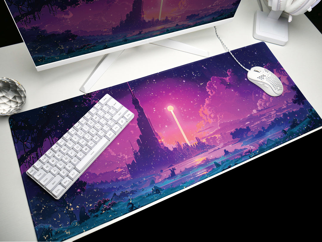 Enchanted Realm Design 3, Desk Pad, Mouse Pad, Desk Mat, Futuristic Fantasy, Neon Dusk, Dreamworld Silhouette