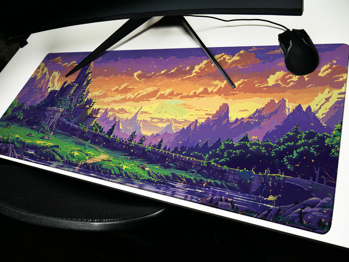 Enchanted Realm Design 4, Desk Pad, Mouse Pad, Desk Mat, Majestic Stronghold, Sunset Citadel, Pixelated Paradise