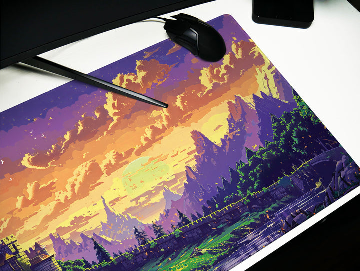 Enchanted Realm Design 4, Desk Pad, Mouse Pad, Desk Mat, Majestic Stronghold, Sunset Citadel, Pixelated Paradise