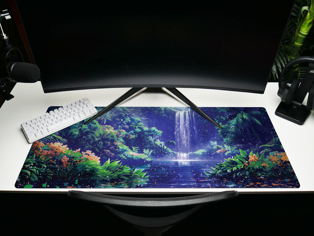 Paradise Falls Design 3, Desk Pad, Wide Mouse Pad, Twilight Jungle Ambiance, Serene Waterfall, Floral Harmony