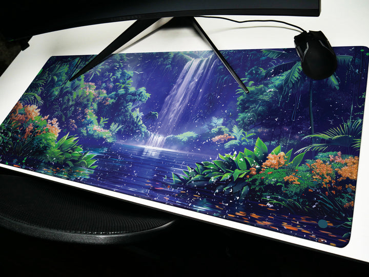 Paradise Falls Design 3, Desk Pad, Wide Mouse Pad, Twilight Jungle Ambiance, Serene Waterfall, Floral Harmony