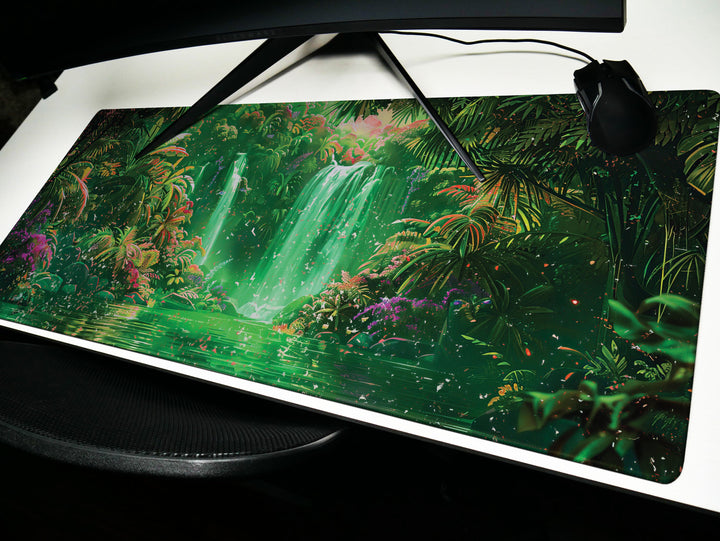 Paradise Falls Design 4, Desk Pad, Wide Mouse Pad, Radiant Jungle Falls, Emerald Glow, Blossom Spectacle