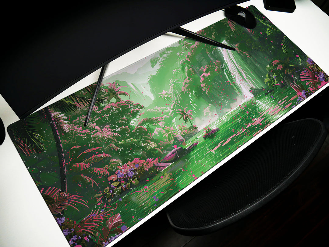 Paradise Falls Design 5, Desk Pad, Wide Mouse Pad, Misty Waterfall Garden, Pink Dawn, Verdant Canopy