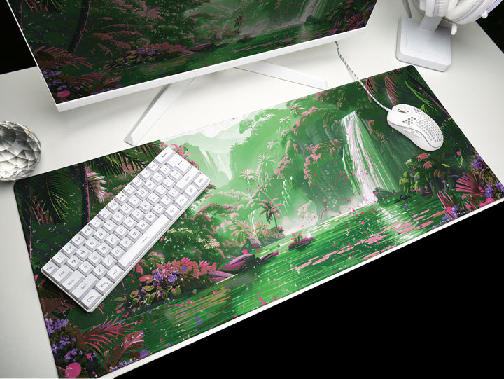 Paradise Falls Design 5, Desk Pad, Wide Mouse Pad, Misty Waterfall Garden, Pink Dawn, Verdant Canopy