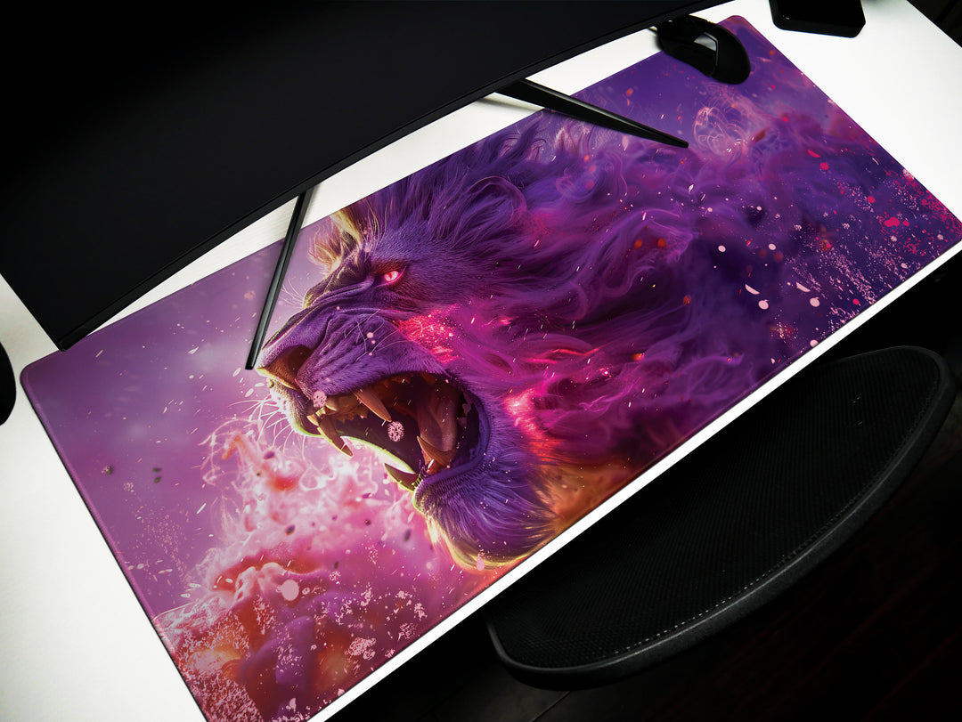 Majestic Roar Design 1, Desk Pad, Mouse Pad, Desk Mat, Ethereal Purple Essence, Fierce Creature Art