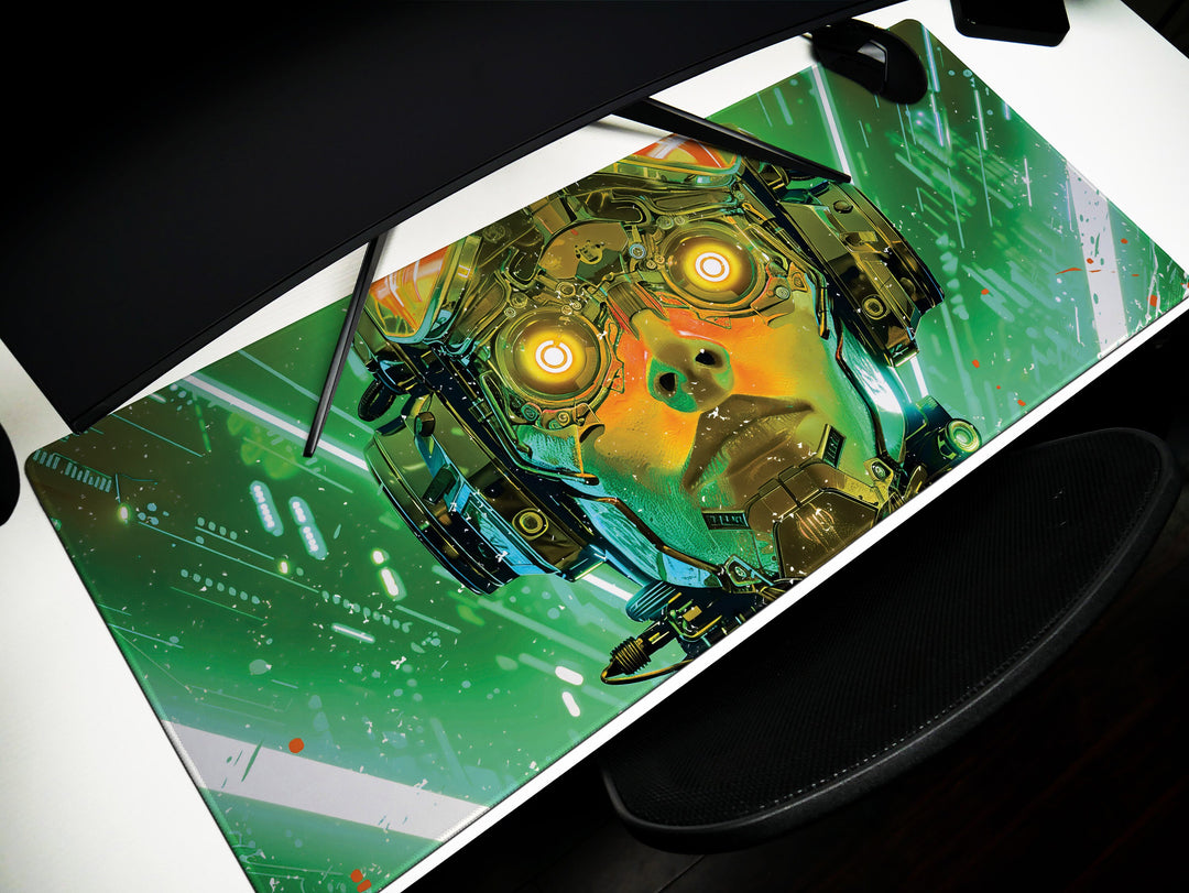 Cybernetic Vision Design 1, Desk Pad, Futuristic Tech, Dynamic Cyborg, Neon Green Overload, Wide Format, Gaming Glory