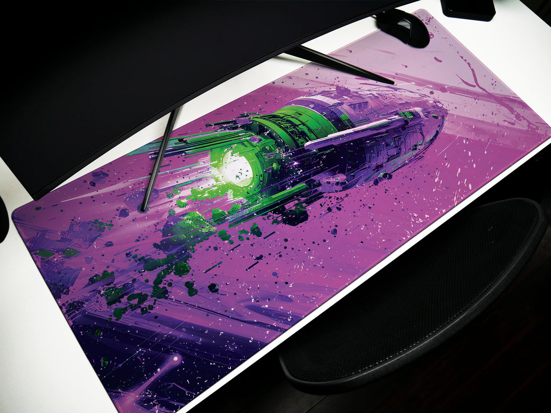 Cosmic Conquest Design 5, Desk Pad, Mouse Pad, Desk Mat, Neon Star Cruiser, Purple Nebula Blast