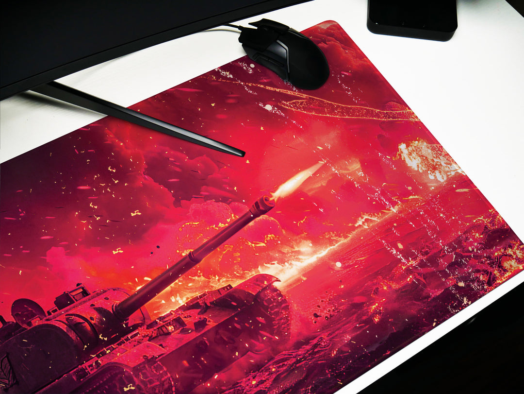 Artillery Fury Design 2, Desk Pad, Mouse Pad, Desk Mat, Crimson Warfare, Fiery Battle