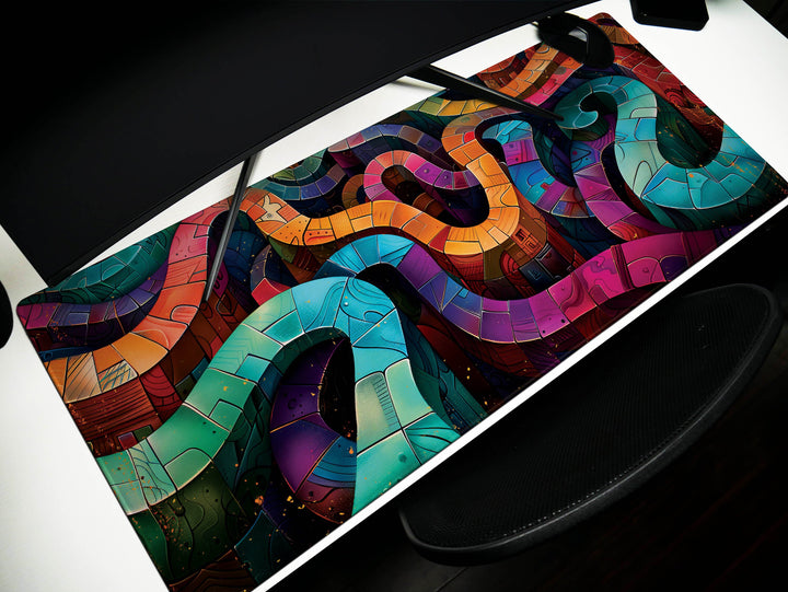 Spiral Genesis Design 4, Desk Pad, Mouse Pad, Desk Mat, Geometric Precision, Mechanical Aesthetics, Cool Tones