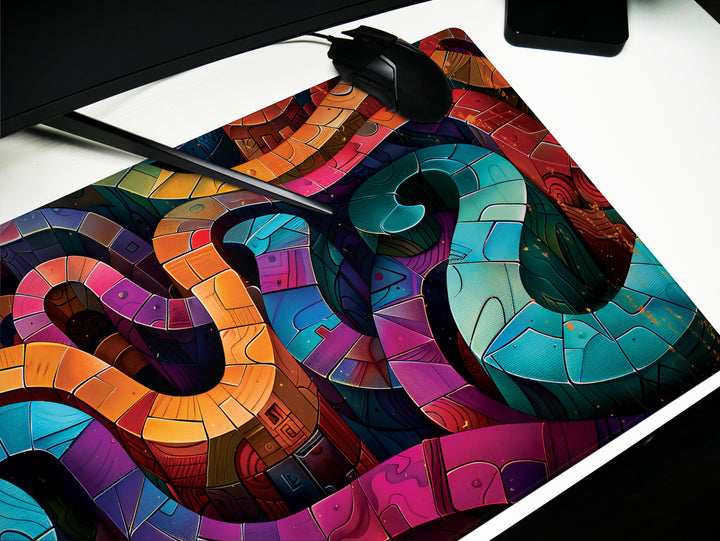 Spiral Genesis Design 4, Desk Pad, Mouse Pad, Desk Mat, Geometric Precision, Mechanical Aesthetics, Cool Tones