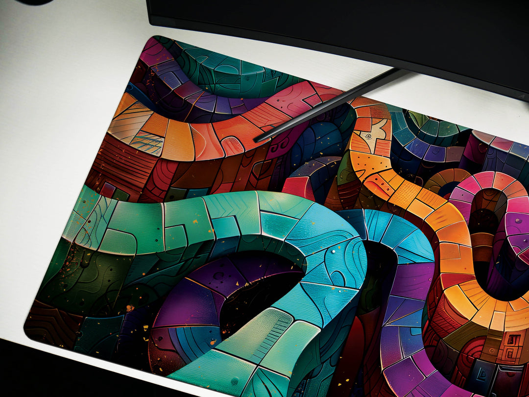 Spiral Genesis Design 4, Desk Pad, Mouse Pad, Desk Mat, Geometric Precision, Mechanical Aesthetics, Cool Tones