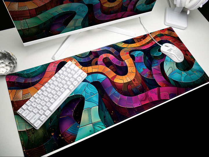 Spiral Genesis Design 4, Desk Pad, Mouse Pad, Desk Mat, Geometric Precision, Mechanical Aesthetics, Cool Tones