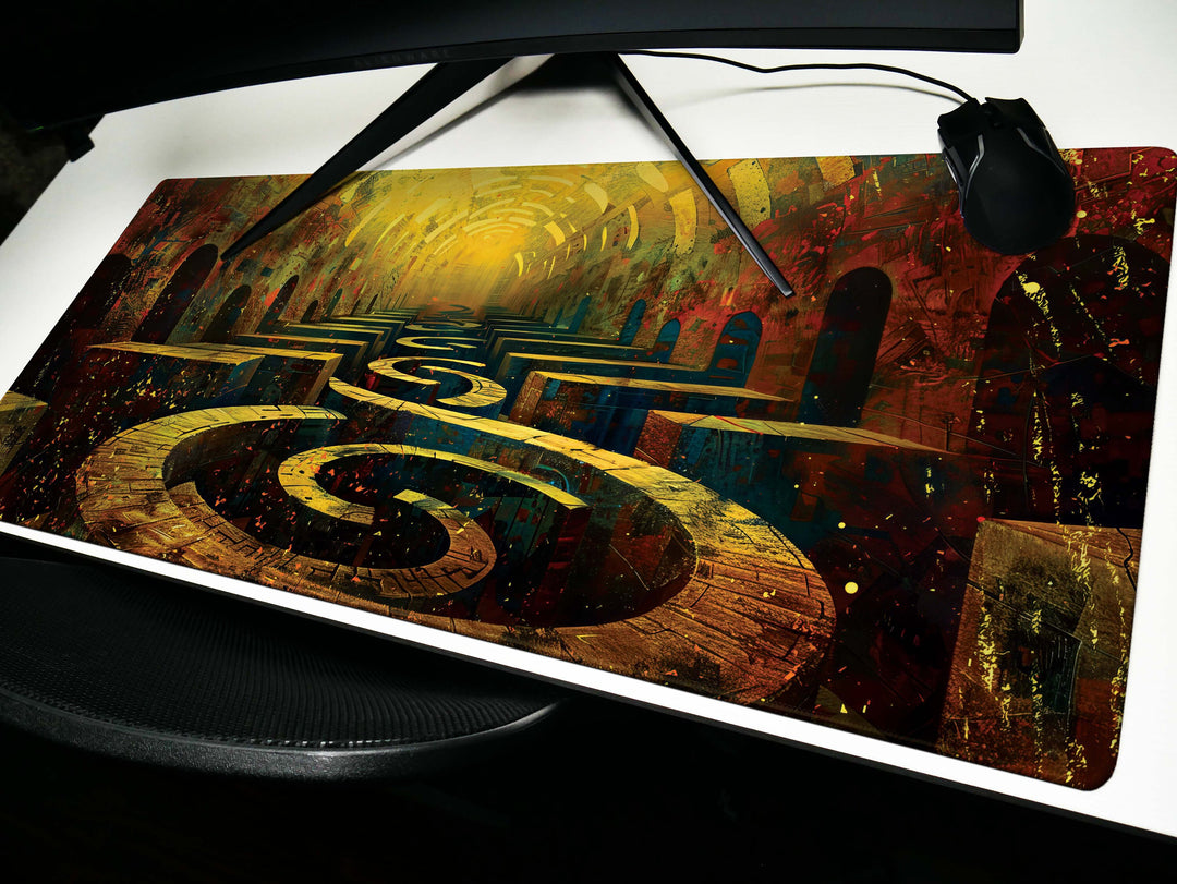 Spiral Genesis Design 5, Desk Pad, Mouse Pad, Desk Mat, Vivid Curves, Dynamic Color Interplay, Warm and Cool Tones