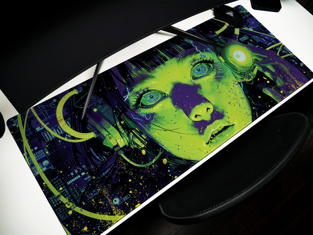 Cybernetic Reverie Design 2, Desk Pad, Mouse Pad, Desk Mat, Neon Contrast, Futuristic Visions