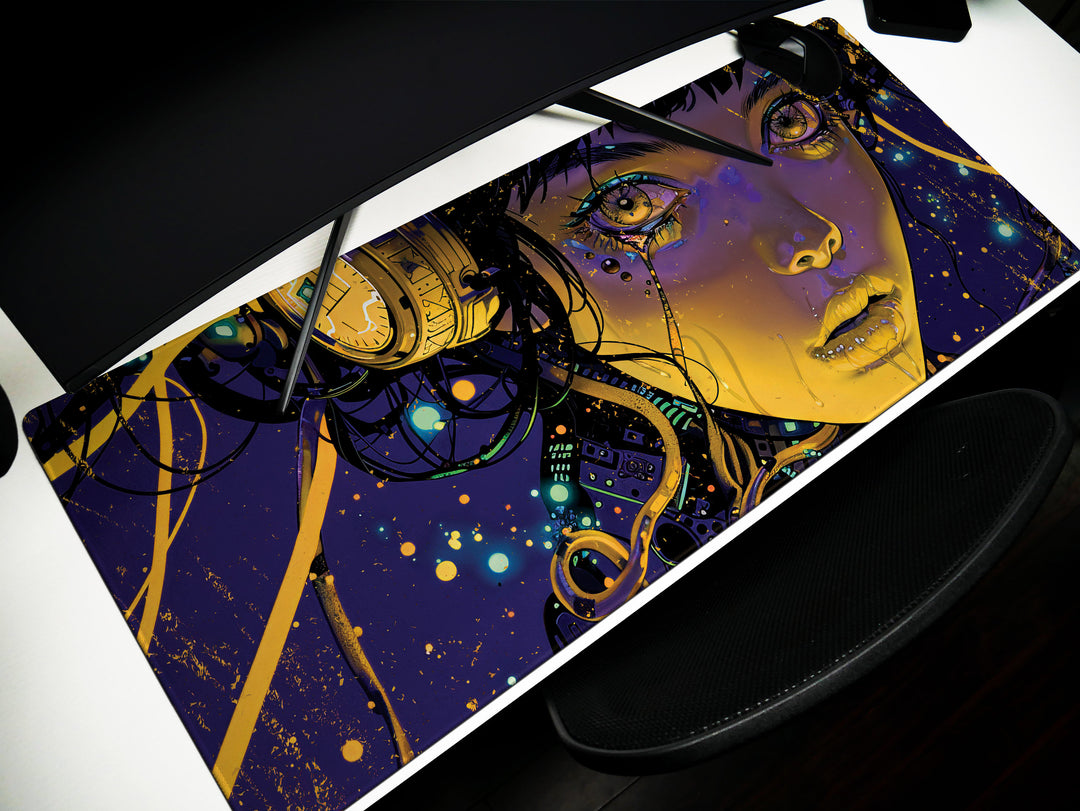 Cybernetic Reverie Design 3, Desk Pad, Mouse Pad, Desk Mat, Golden Circuits, Night Vision
