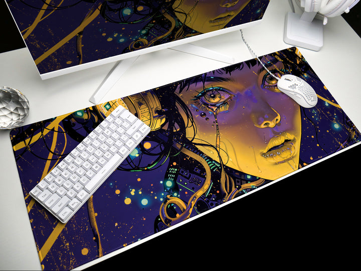 Cybernetic Reverie Design 3, Desk Pad, Mouse Pad, Desk Mat, Golden Circuits, Night Vision