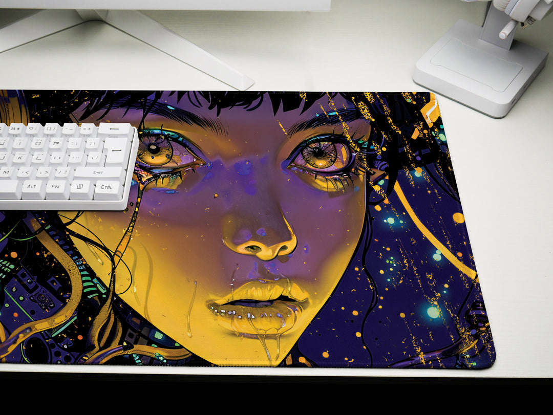 Cybernetic Reverie Design 3, Desk Pad, Mouse Pad, Desk Mat, Golden Circuits, Night Vision