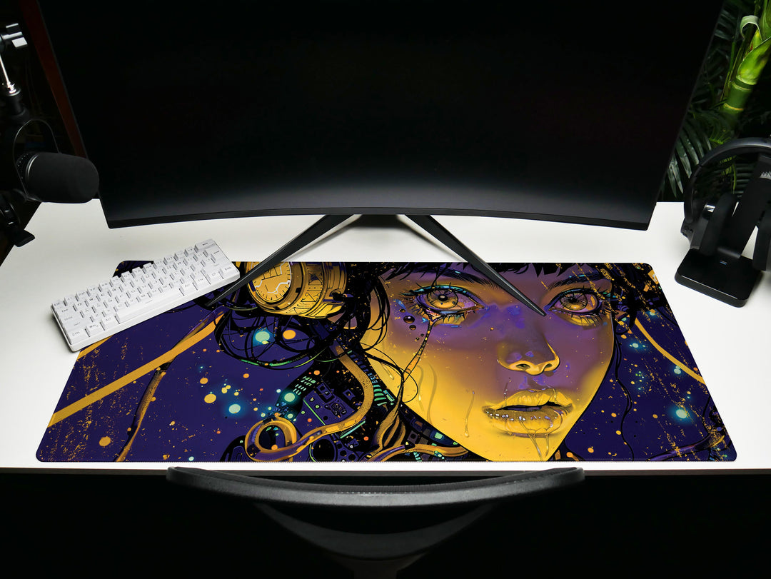 Cybernetic Reverie Design 3, Desk Pad, Mouse Pad, Desk Mat, Golden Circuits, Night Vision