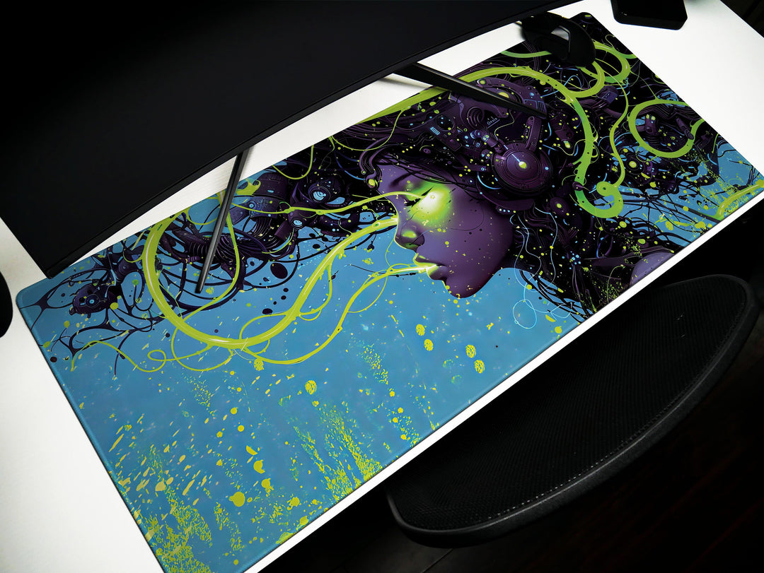 Cybernetic Reverie Design 5, Desk Pad, Mouse Pad, Desk Mat, Luminous Intrigue, Green Cyberworld