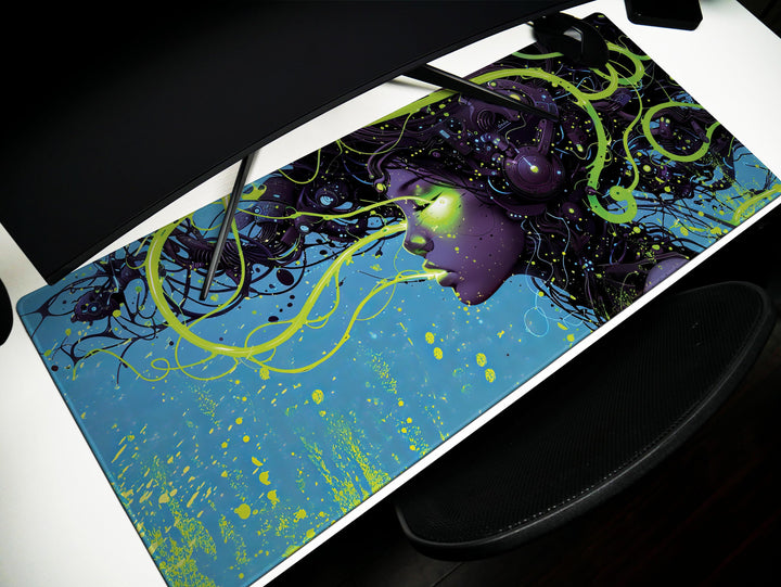 Cybernetic Reverie Design 5, Desk Pad, Mouse Pad, Desk Mat, Luminous Intrigue, Green Cyberworld