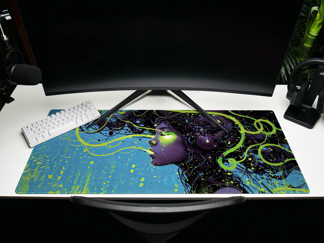 Cybernetic Reverie Design 5, Desk Pad, Mouse Pad, Desk Mat, Luminous Intrigue, Green Cyberworld