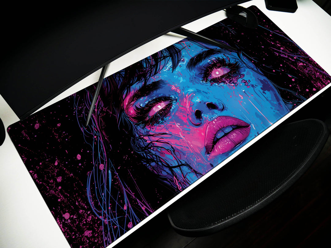 Cybernetic Reverie Design 6, Desk Pad, Mouse Pad, Desk Mat, Midnight Cyber, Pink Neon Flare