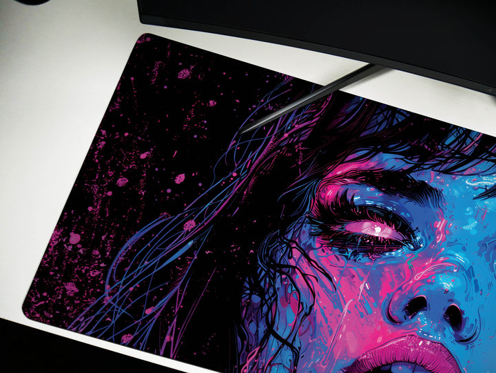 Cybernetic Reverie Design 6, Desk Pad, Mouse Pad, Desk Mat, Midnight Cyber, Pink Neon Flare