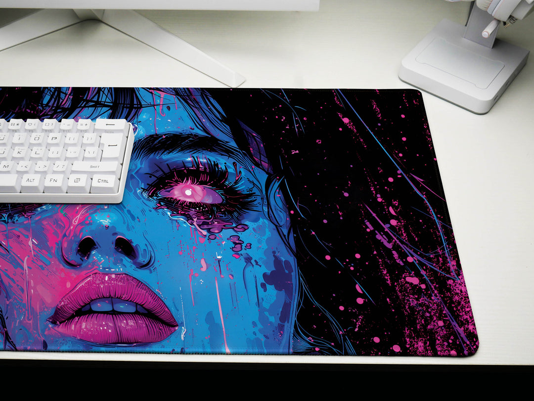 Cybernetic Reverie Design 6, Desk Pad, Mouse Pad, Desk Mat, Midnight Cyber, Pink Neon Flare