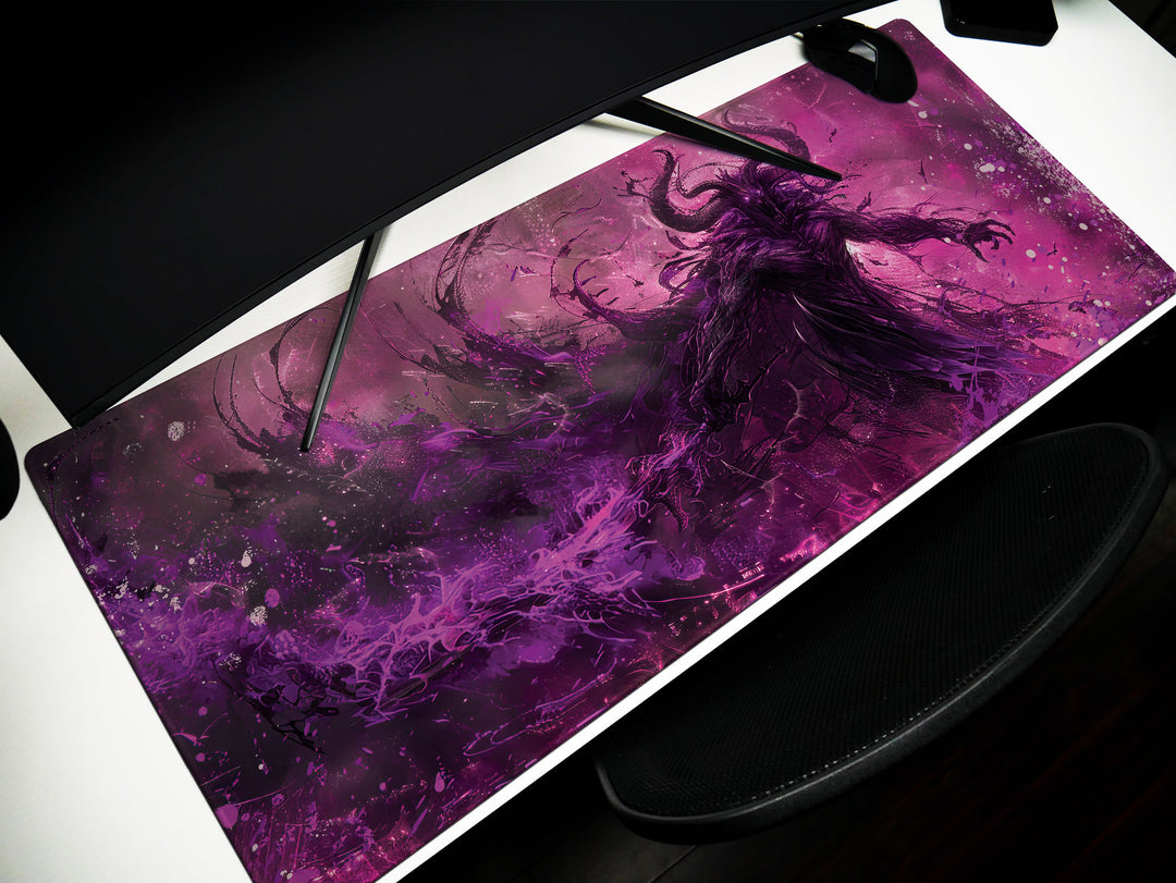 Demonic Inferno Design 3, Desk Pad, Mouse Pad, Desk Mat, Enigmatic Shadow Figure, Purple and Black, Dark Fantasy Illustration