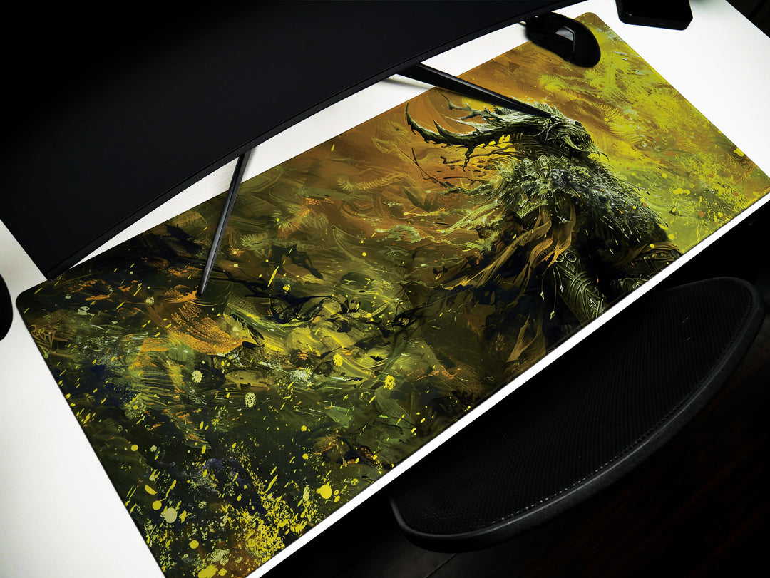 Shadowy Woodland Sentinel, Desk Pad, Mouse Pad, Desk Mat, Mysterious Figure, Golden Yellow and Dark Green, Ethereal Guardian