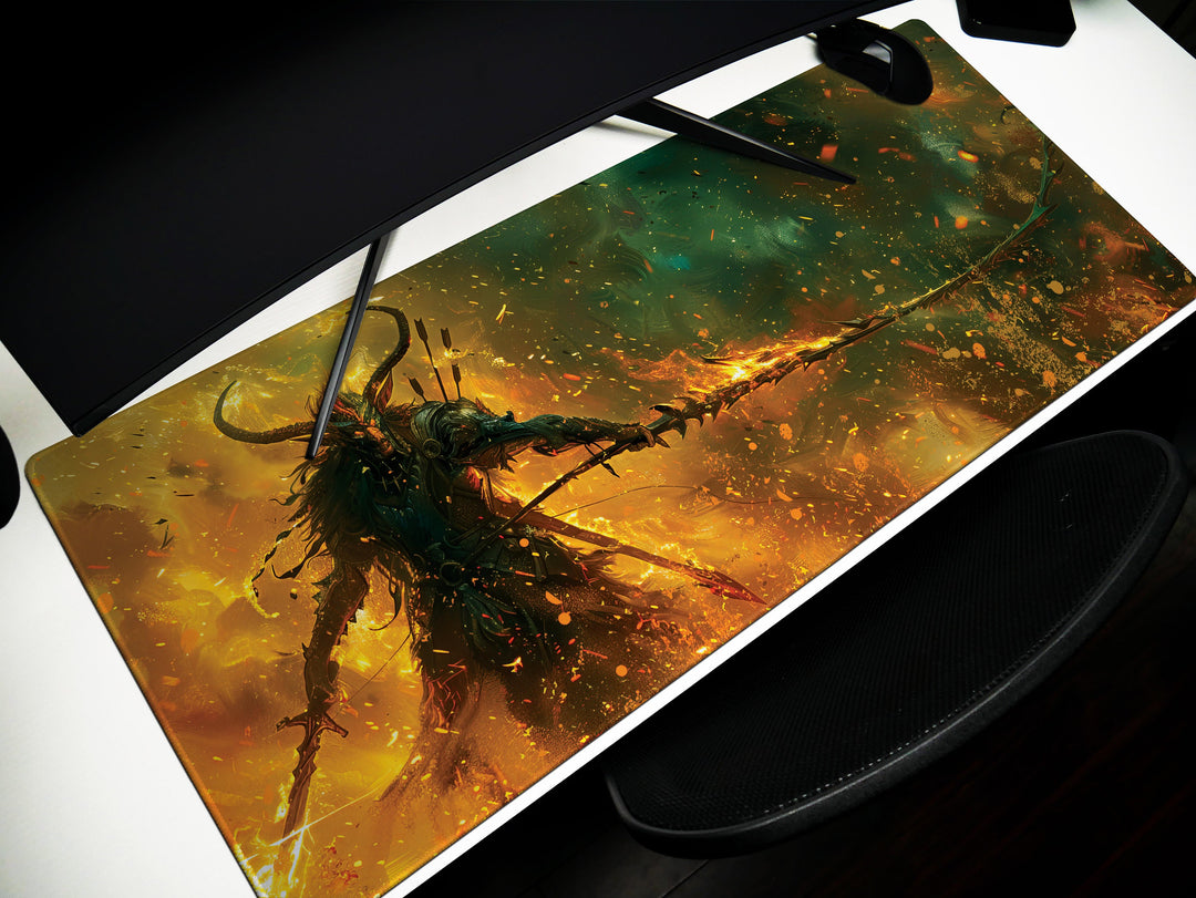 Fiery Battle Mage, Desk Pad, Mouse Pad, Desk Mat, Infernal Warrior, Flaming Spear, Intense Orange and Green, Dynamic Fantasy Art