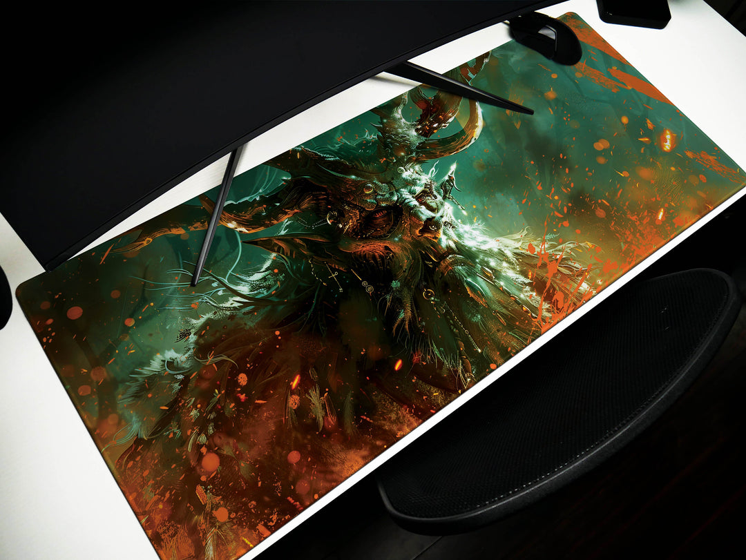 Ethereal Forest King, Desk Pad, Mouse Pad, Desk Mat, Majestic Antlered Elf, Mystical Green and Orange, Enchanted Realm Art