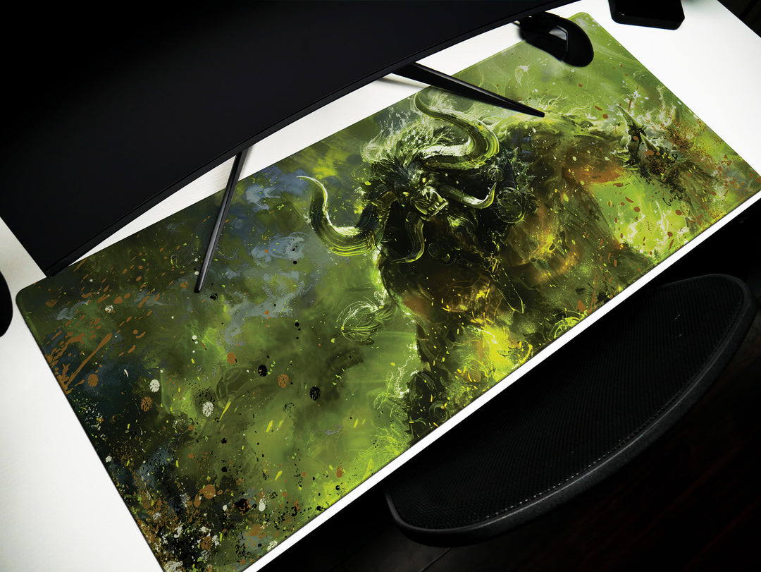 Demonic Inferno Design 1, Desk Pad, Mouse Pad, Desk Mat, Fierce Horned Beast, Vivid Green Flames, Dark Fantasy Art