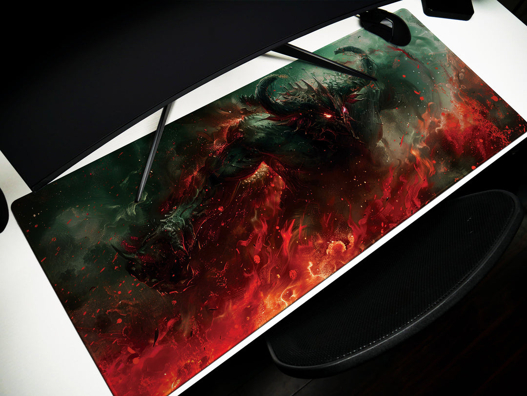 Demonic Inferno Design 2, Desk Pad, Mouse Pad, Desk Mat, Fiery Dark Creature, Red and Green Hues, Fantasy Horror Art