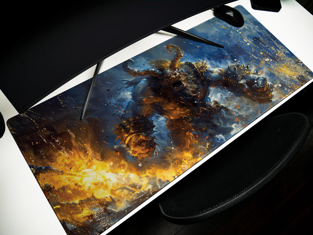 Molten Fury Beast, Desk Pad, Mouse Pad, Desk Mat, Fiery Giant, Lava-Infused Armor, Fantasy Battle, Unleashed Power