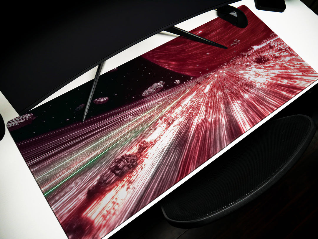 Warp Speed Chase, Desk Pad, Mouse Pad, Desk Mat, High-Velocity Space Pursuit, Sci-Fi Action, Galactic Escape