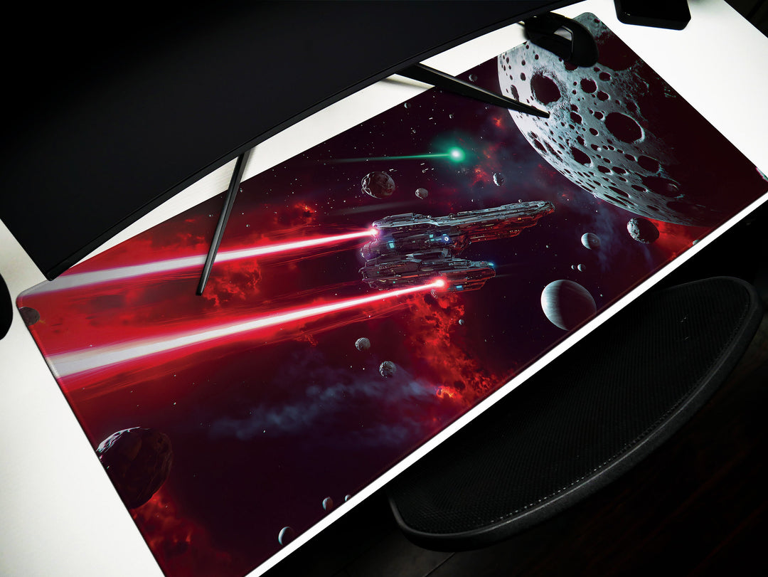 Asteroid Field Encounter, Desk Pad, Mouse Pad, Desk Mat, Intense Space Battle, Cosmic Conflict, Sci-Fi Adventure