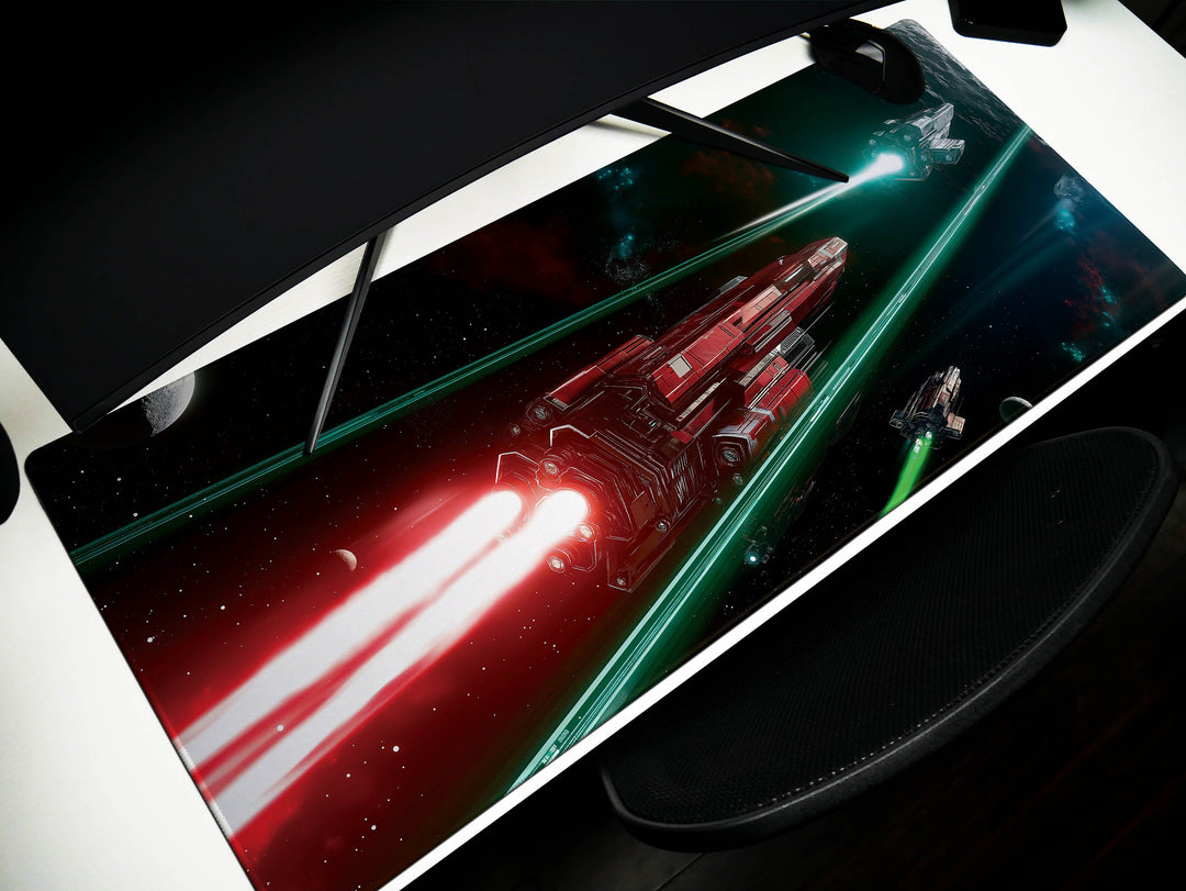 Space Battle Cruiser, Desk Pad, Mouse Pad, Desk Mat, Epic Sci-Fi Combat, Red and Green Laser Beams, Futuristic Spaceships