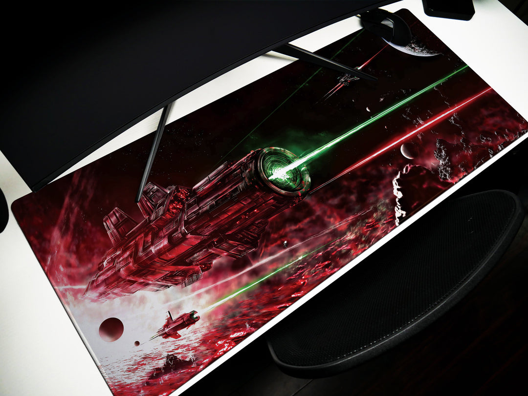 Intergalactic Showdown, Desk Pad, Mouse Pad, Desk Mat, Intense Space Battle, Red and Green Lasers, Futuristic Warship