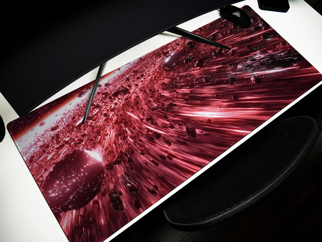 Asteroid Field Chase, Desk Pad, Mouse Pad, Desk Mat, High-Speed Space Pursuit, Red and Black Cosmic Scene, Sci-Fi Art