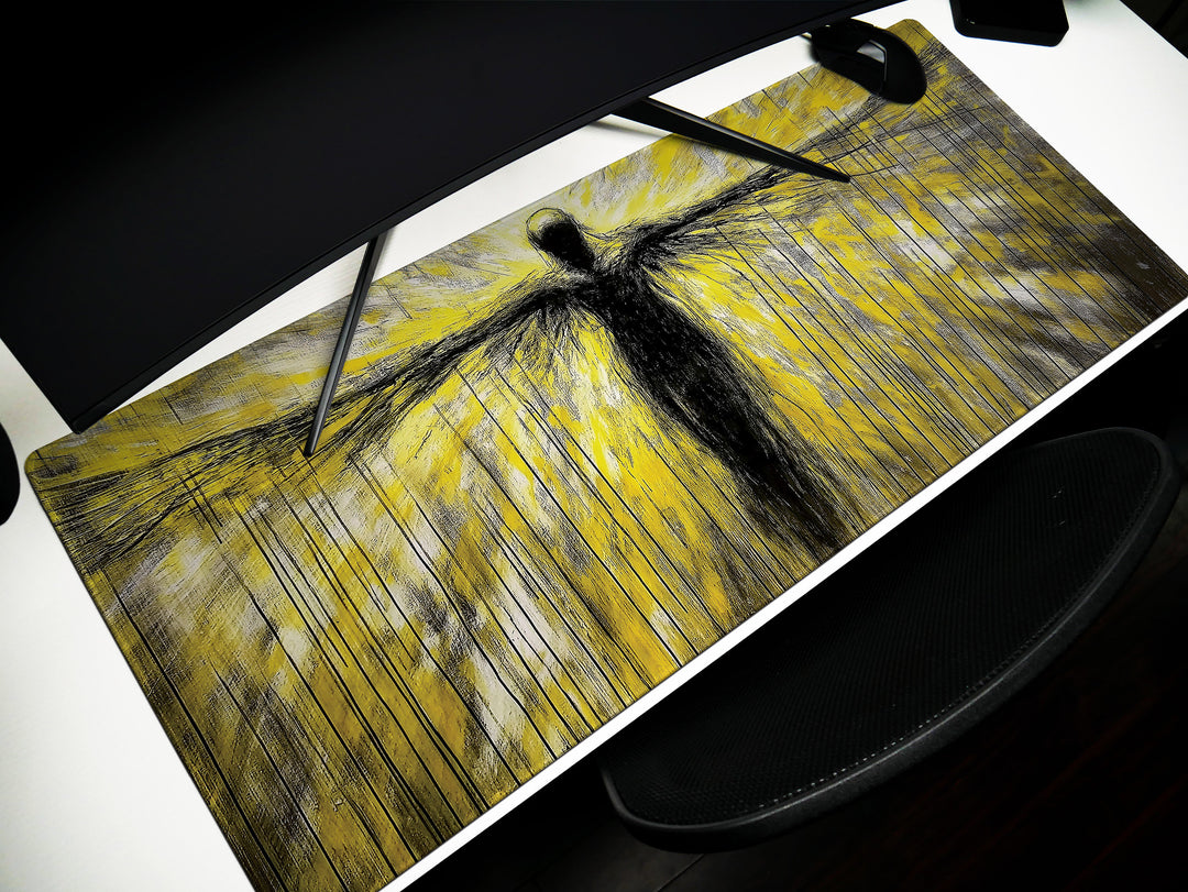 Ascendant Form, Desk Pad, Mouse Pad, Desk Mat, Abstract Figure, Neon Yellow and Black Art, Expansive Wings