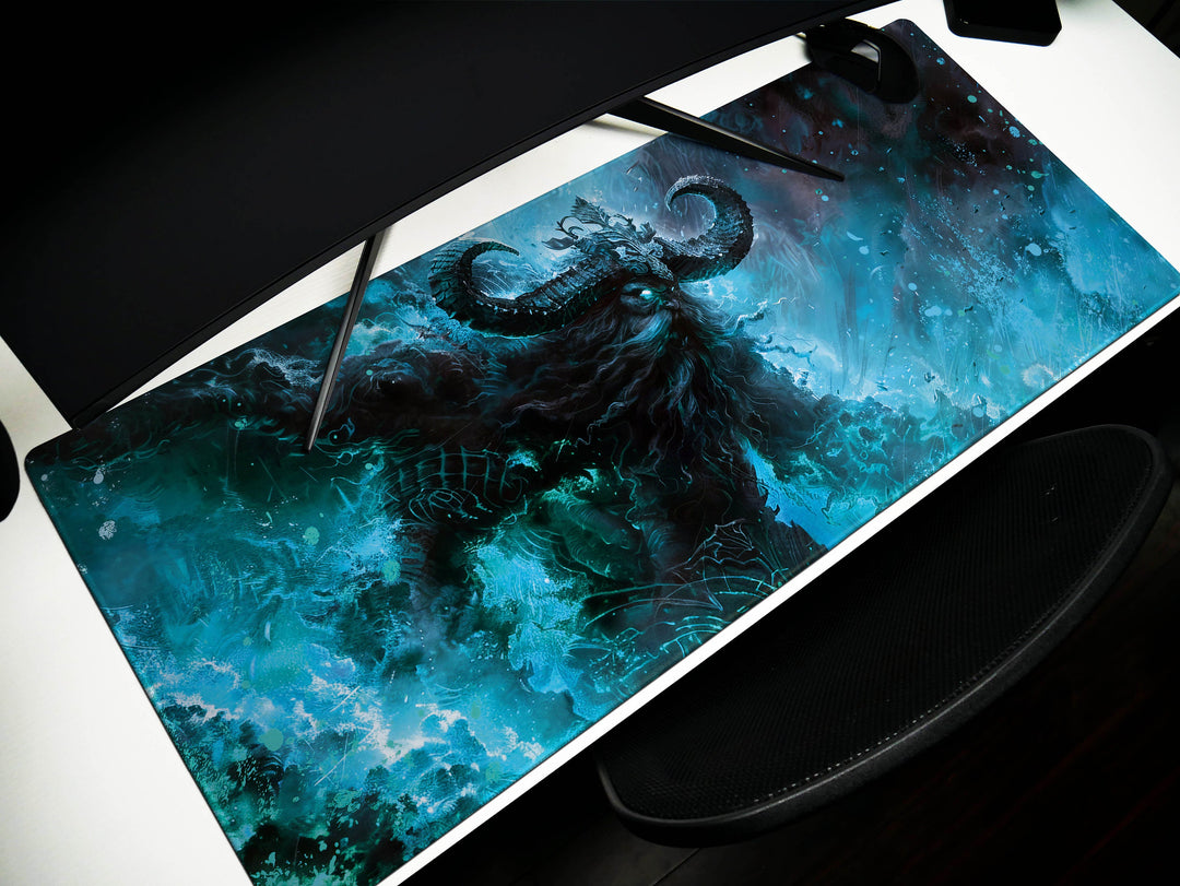 Frostbound Titan, Desk Pad, Mouse Pad, Desk Mat, Icy Mythical Creature, Arctic Fury, Fantasy Warrior, Frozen Power