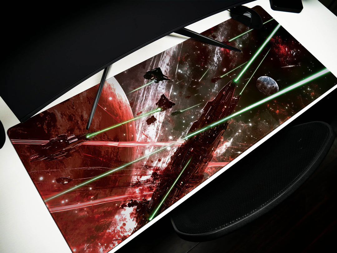 Galactic Conflict, Desk Pad, Mouse Pad, Desk Mat, Intense Space Warfare, Red and Green Laser Battle, Epic Starships