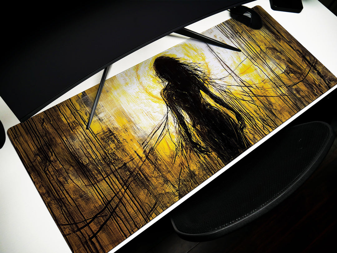 Veil of Shadows, Desk Pad, Mouse Pad, Desk Mat, Haunting Female Silhouette, Creepy Art, Neon Yellow and Black